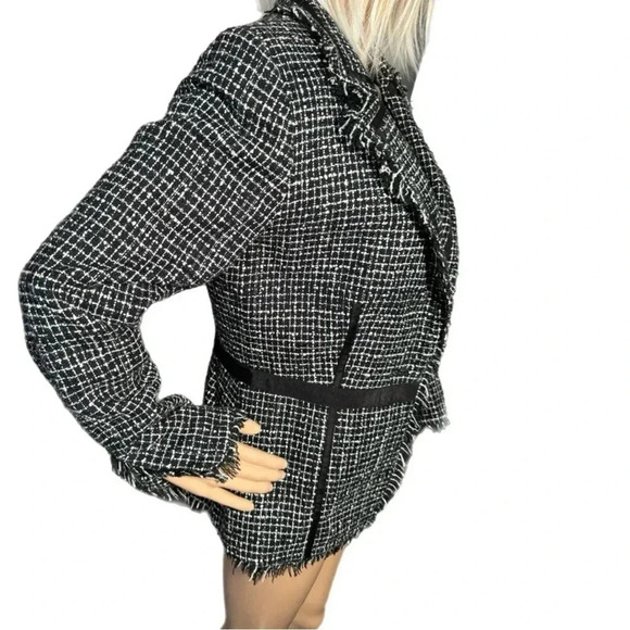 BISOU BISOU Michelle Bohbot Tweed Fringe Black Blazer Jacket Women’s Sz 6 Small - Picture 8 of 16